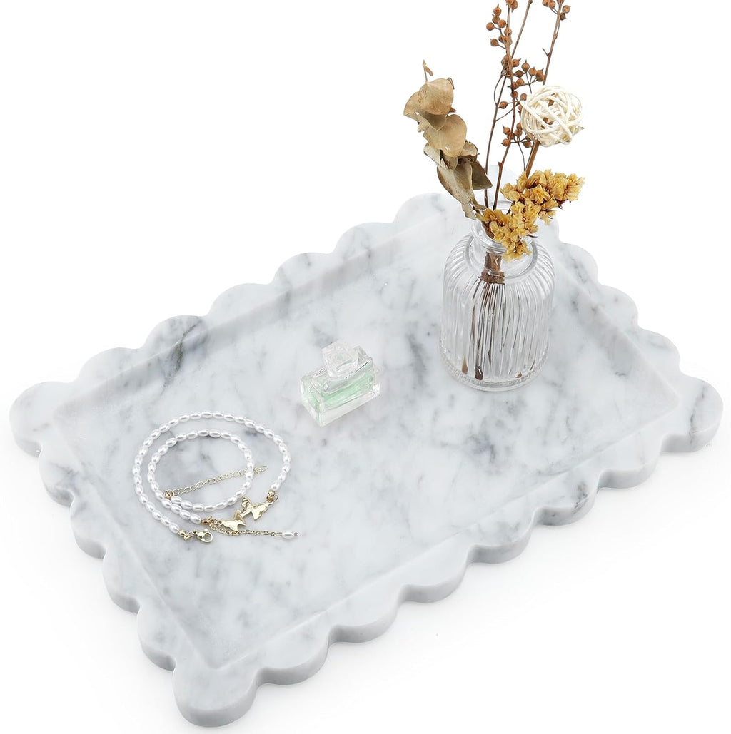 Scalloped Natural Marble Tray - Decorative Stone Tray for Bathroom & Vanity