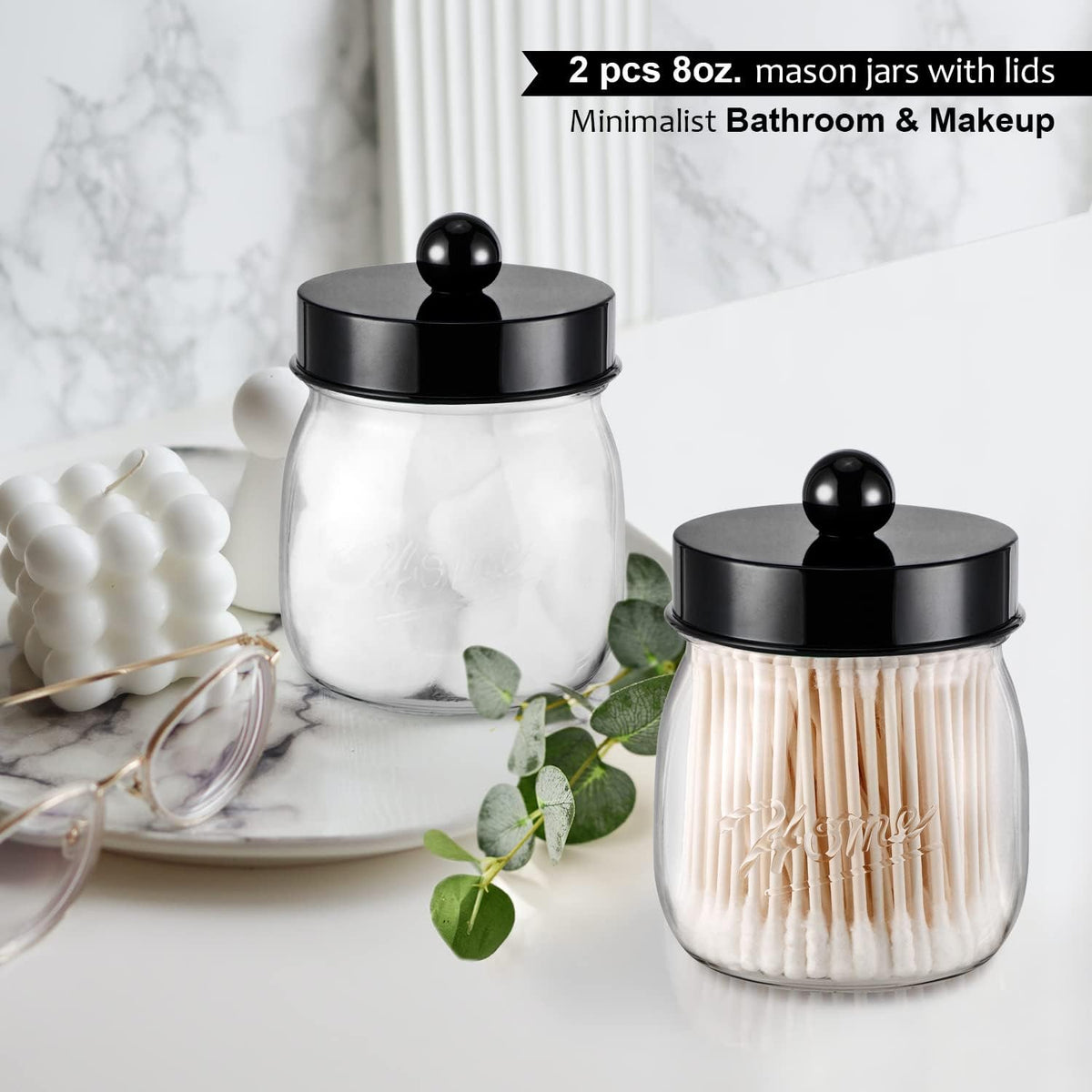 SheeChung 2 Pack Acrylic Mason Jar Qtip Holder Dispenser with Labels, Black