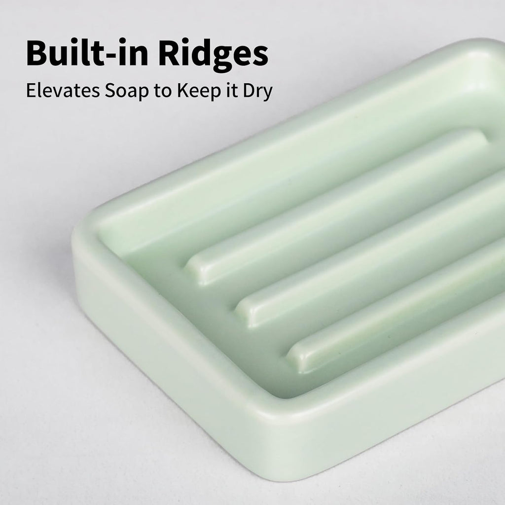 Matte Ceramic Soap Dish with Raised Ridges, Rectangle Bar Soap Holder for Bathroom Counter, Shower and Kitchen Sink, Mint