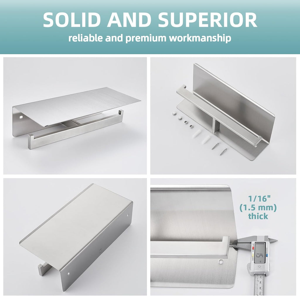 Angle Simple Double Toilet Paper Holder with Shelf, Brushed Nickel