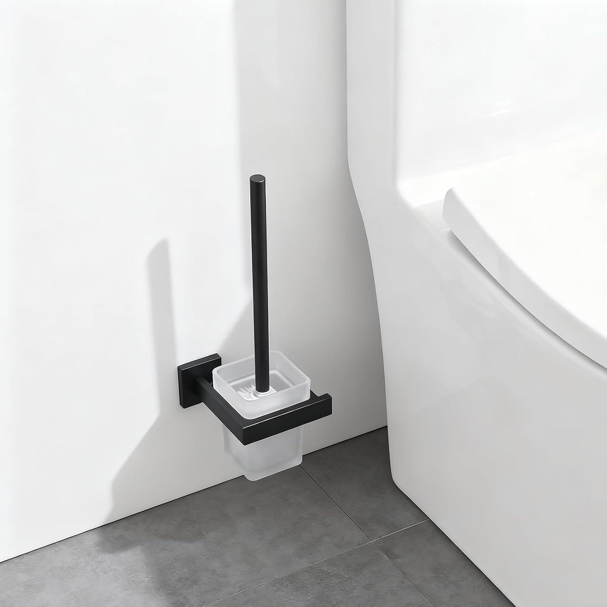 Matte Black Toilet Brush and Holder Set, NEWRAIN Wall Mounted Toilet Bowl Brush with Long Handle, Stainless Steel Toilet Brushes for Bathroom-Space Saving