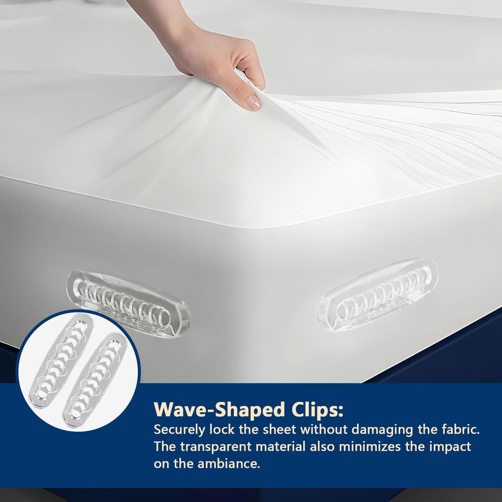 Bed Sheet Holders for Corners [4-Pack], No Mattress Lifting Fitted Sheet Clips, Upgraded Sheet Grippers Corner Locks with Wave-Clamps, Secure Fasteners Keep Bedding in Place - White