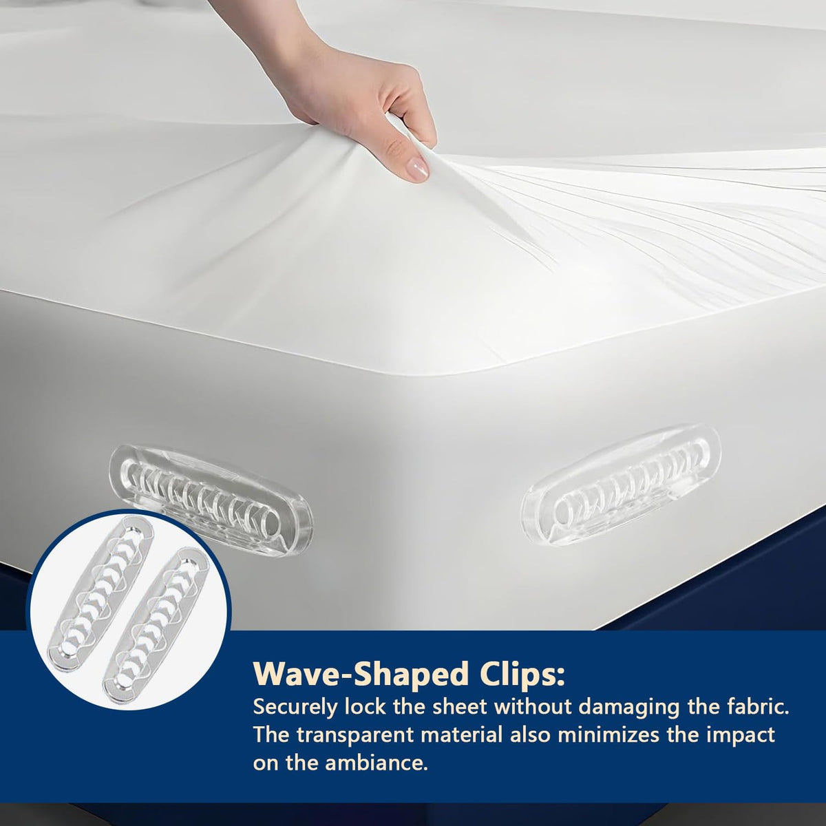 Bed Sheet Holders for Corners [4-Pack], No Mattress Lifting Fitted Sheet Clips, Upgraded Sheet Grippers Corner Locks with Wave-Clamps, Secure Fasteners Keep Bedding in Place - White