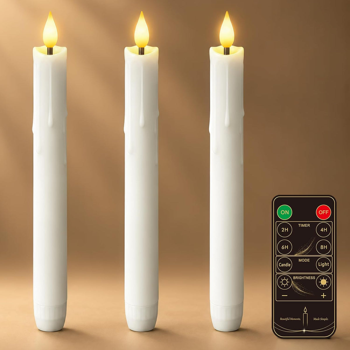 9.6 Inches Waxy Flameless Taper Candles, Dripless Fake Candlesticks with Timer, White LED Candle with 3D Flickering Flame for Christmas Kitchen Fireplace Table Home Decor, 3 PCS