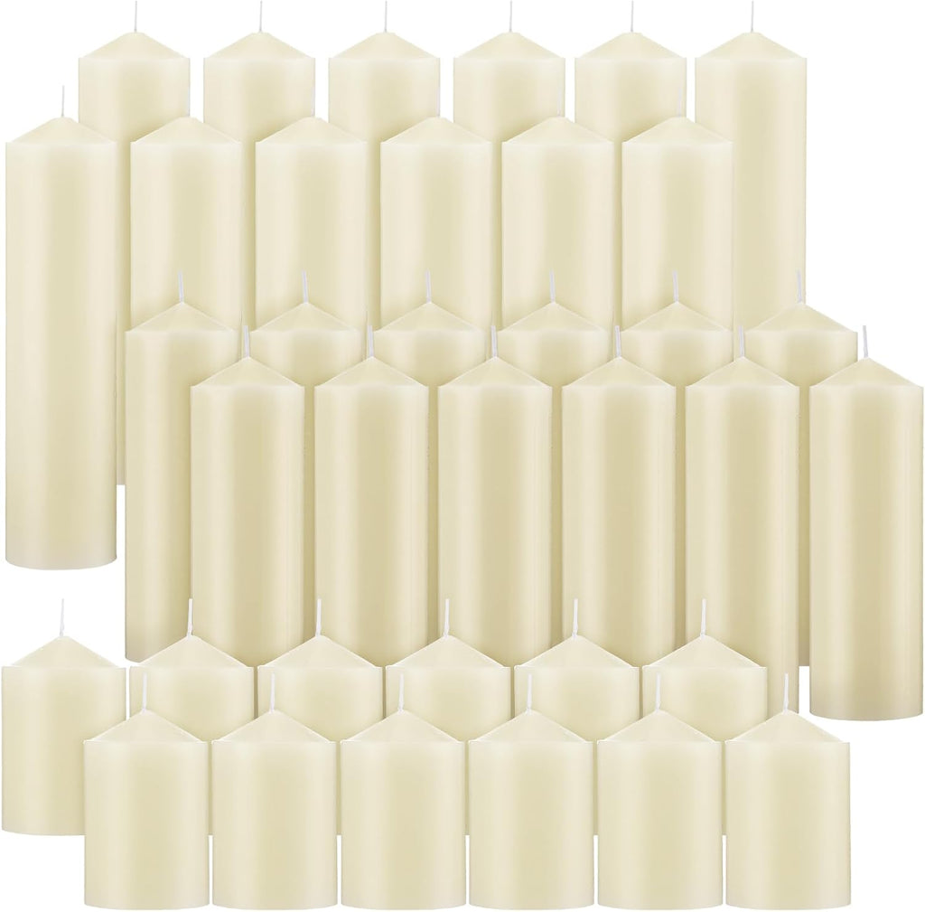 MTLEE 36 Pack Pillar Candles Bulk, 3 Sizes, Unscented Candles, Ivory White