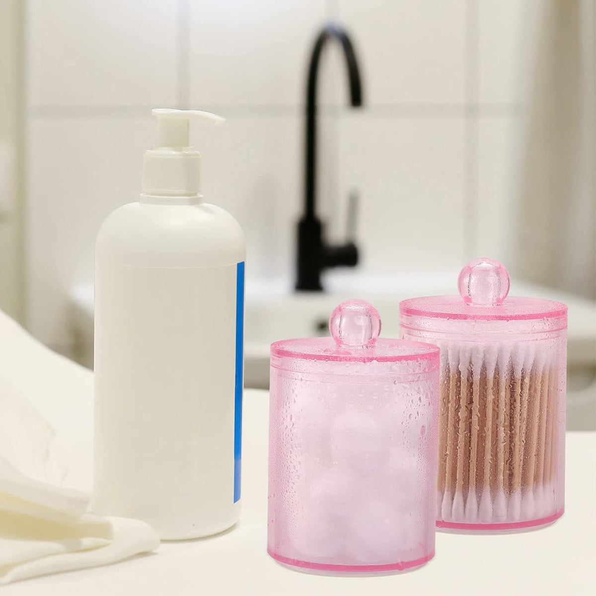 Tbestmax 2 Pack Qtip Holder Bathroom Jars Canisters for Cotton Ball Swab Pad Storage Dispenzer, Pink 10-Ounce