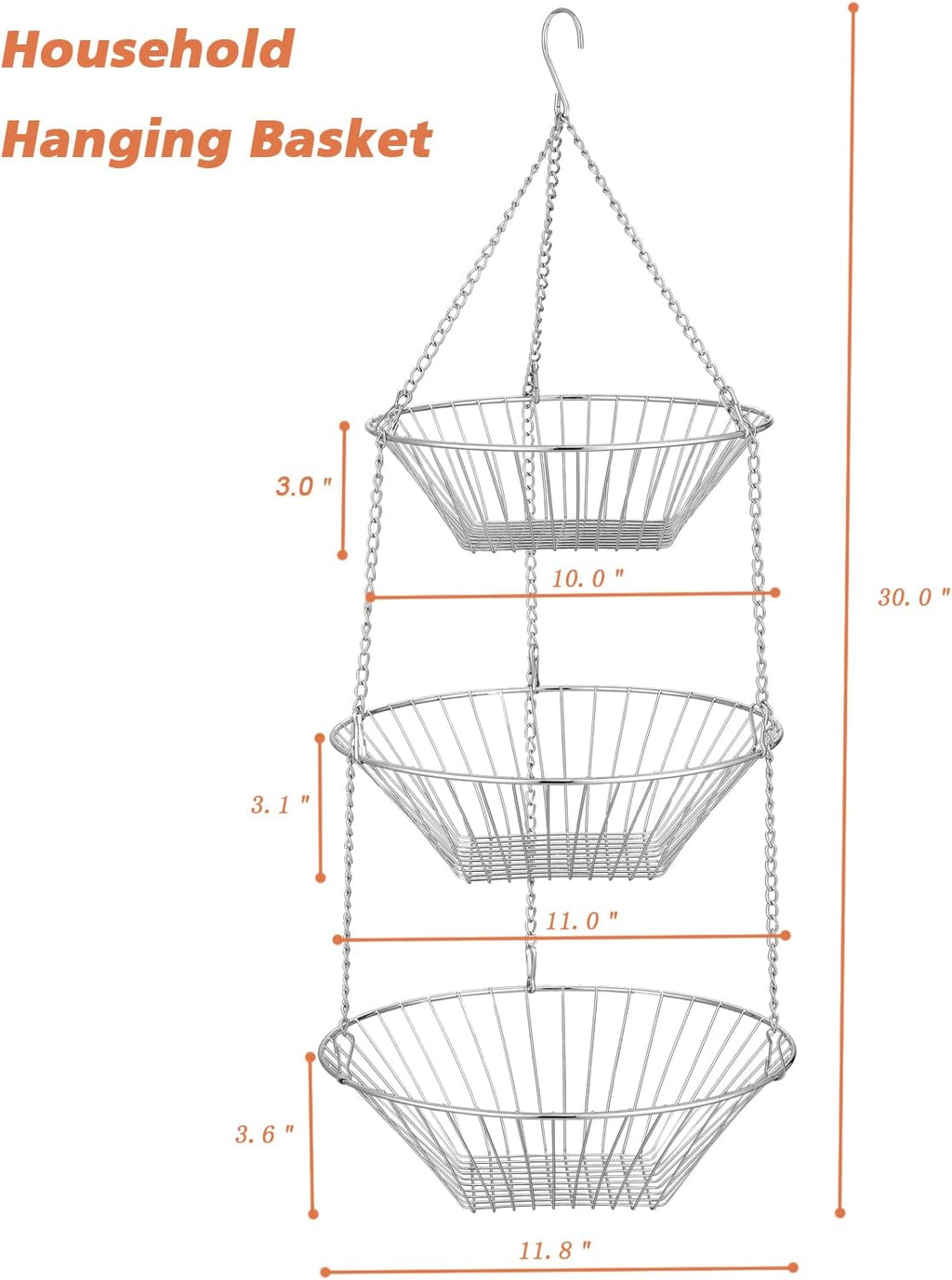 JUNCHU CHERRY 3-Tier Wire Fruit Hanging Basket 2 Packs, non-Punching Wall Hanging Storage, Kitchen Bathroom Organization Basket, Suitable for Bathroom, Kitchen, Closet, Garden, Chrome