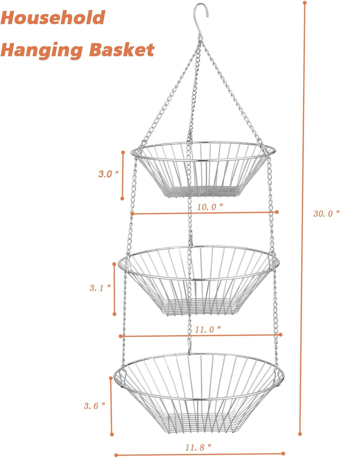 JUNCHU CHERRY 3-Tier Wire Fruit Hanging Basket 2 Packs, non-Punching Wall Hanging Storage, Kitchen Bathroom Organization Basket, Suitable for Bathroom, Kitchen, Closet, Garden, Chrome