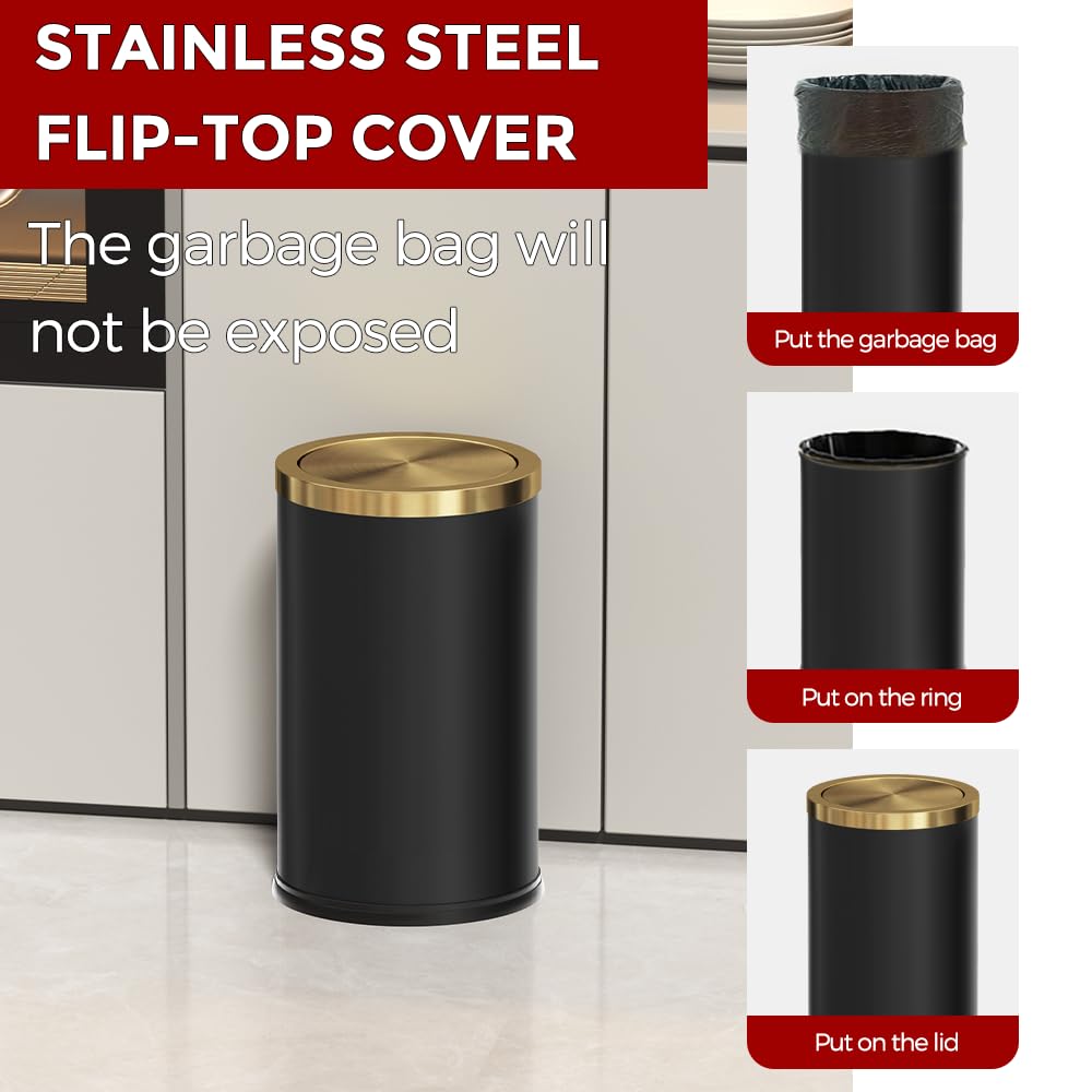 Black and Gold Bathroom Trash Can,Bathroom Garbage can with Swing Lid，Small Trash Can with Flipping Lid, 4.8gal Garbage cans for Bedroom,Living Room, Guest Room,Office,Hotel(4.7gal-Black)