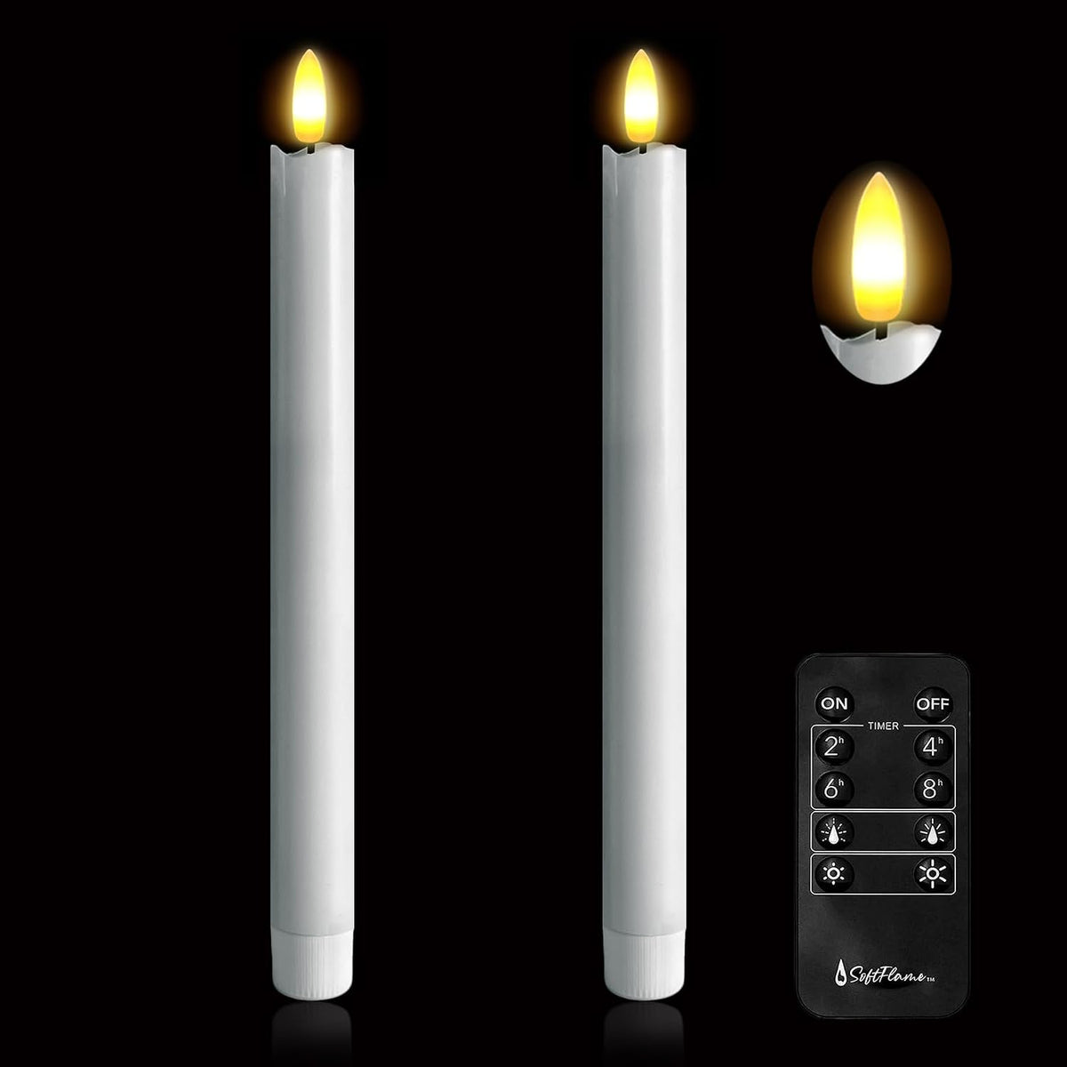 Arora Remote Control Flameless Taper Candles, S/2 3D Flickering Battery Operated LED Window Candles Encased with Real Wax to Light Up Your Home