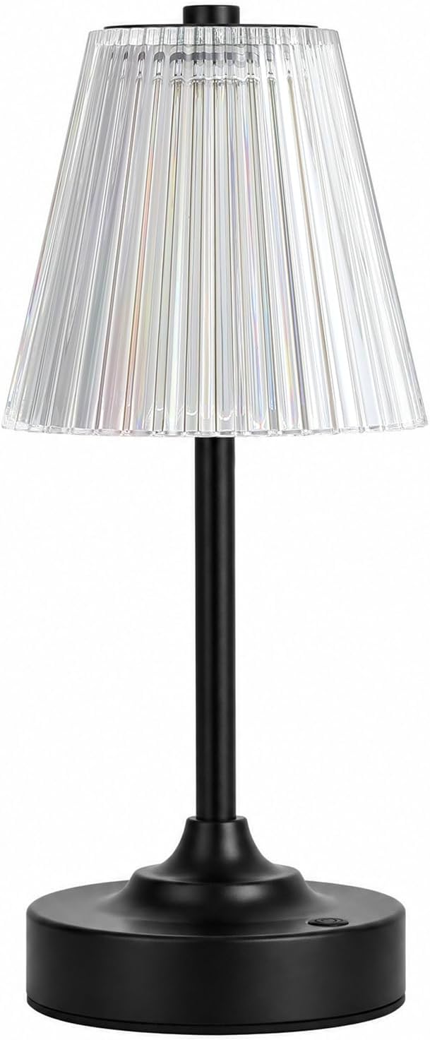 Black Cordless Rechargeable Table Lamp, Touch Battery Powered Lamp, 3 Color Modes, Crystal Acrylic Lampshade, Portable Ambient Night Light for Desk, Bedroom, Living Room, Dining Room, Kitchen, Bar