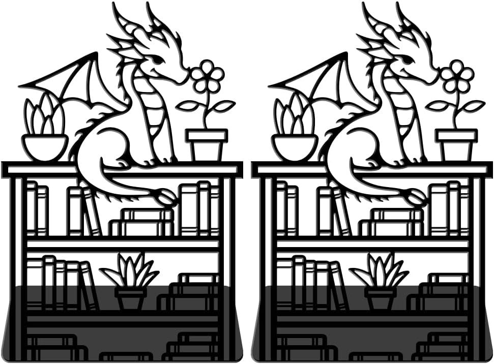 WADORN Dragon Reading Book Metal Bookends for Shelves Decorative 1 Pair, Heavy Duty Books End Support Non-Skid Book Holder Black L-Shaped Book Stopper for Home Office Desk Book Divider, 4.7x3.5x7 Inch