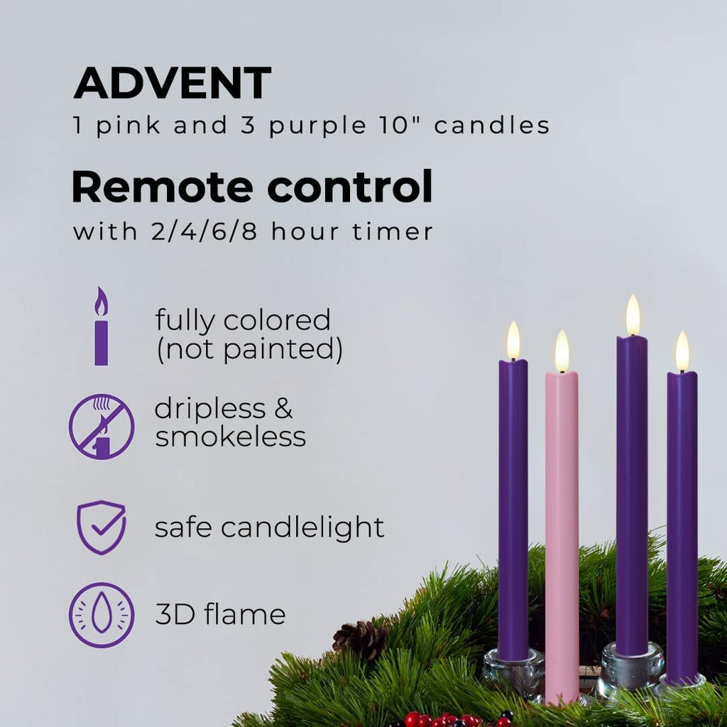 Stmarry Flameless Advent Candles, Set of 4 - Flickering LED Flame, 10 Inch Taper Candlesticks, Remote Controlled, Purple and Pink Color for Christmas Wreath