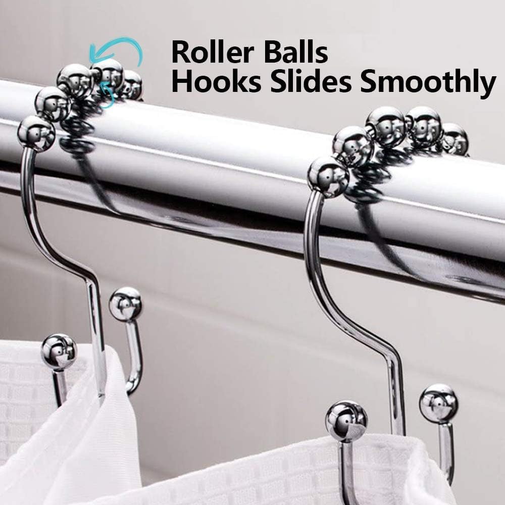 DAWNER Shower Curtain Hooks, Rust Proof Metal Easy Glide Double Rings, Stainless Steel Hangers for Bathroom Curtains, Set of 12, Polished Chrome (Pack of 3)