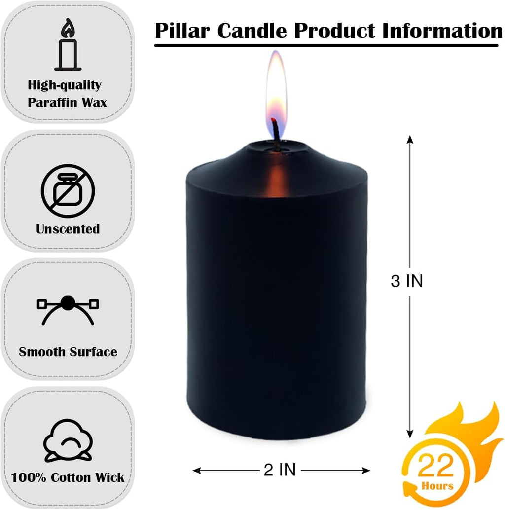 12 Pack Black 2x3 Inches Pillar Candles for Halloween, 22 Hour Long Burning Unscented Column Candles, Dripless and Smokeless Candles for Home Weddings Church and Emergency