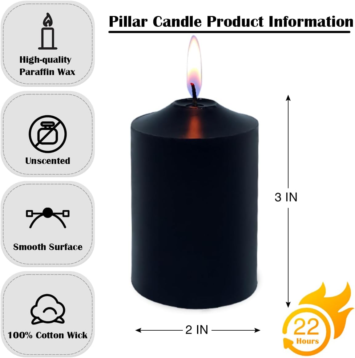 12 Pack Black 2x3 Inches Pillar Candles for Halloween, 22 Hour Long Burning Unscented Column Candles, Dripless and Smokeless Candles for Home Weddings Church and Emergency