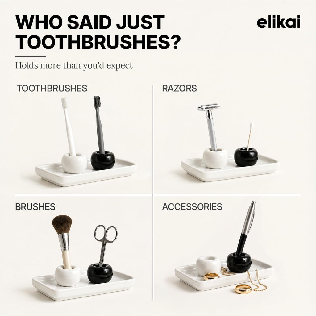 ELIKAI Ceramic Toothbrush Holders with Bathroom Tray, Countertop Organizer for Toothbrushes and Accessories, Hygienic Individual Holder Set (Black & White, 2 Pack)