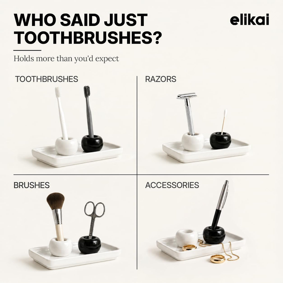 ELIKAI Ceramic Toothbrush Holders with Bathroom Tray, Countertop Organizer for Toothbrushes and Accessories, Hygienic Individual Holder Set (Black & White, 2 Pack)