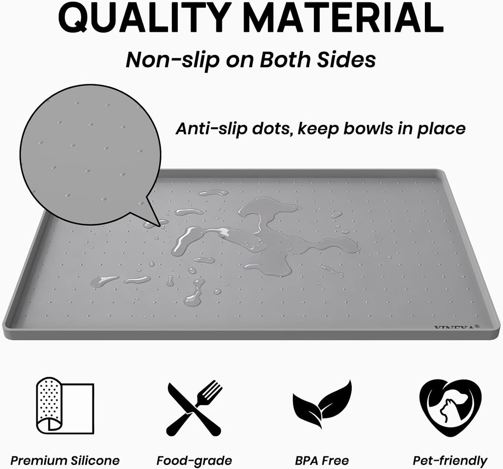 YINEYA 2 Pack Silicone Dog & Cat Food Mat Waterproof 18" x 12", Raised Edge Dog Bowl Mat for Food and Water, BPA-Free Non-Slip Pet Feeding Mats for Floors, Multifunctional Silicone Mat (Gray)