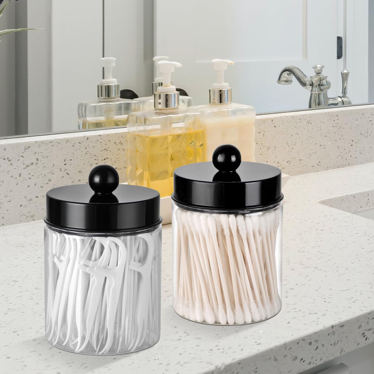 3PC Farmhouse Decor Qtip Holder Apothecary Jars, (Black, Plastic)
