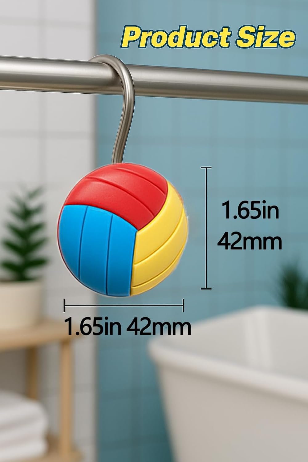 Colorful Volleyball Shower Curtain Hooks Set of 12 - Resin Sports Themed Bathroom Hooks, Fun Decorative Accessories for Sports Fans