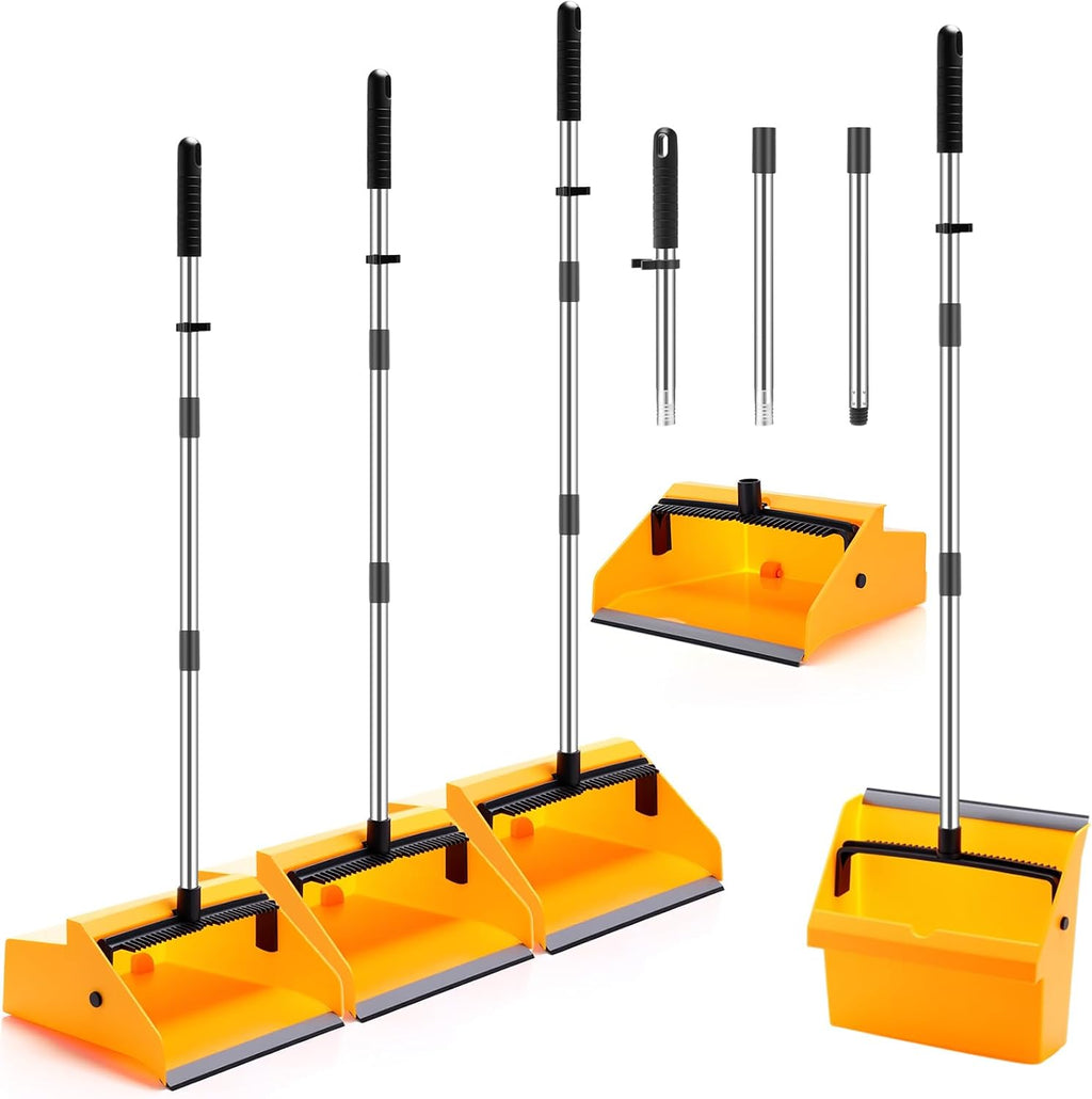 Didaey 3 Pcs Commercial Dustpan with Comb 38” Long Handle Upright Heavy Duty Dust Pan Outdoor Indoor for Courtyards Garages Lobby Mall Market Market Floors Office Pet Hair Rubbish Cleaning (Yellow)