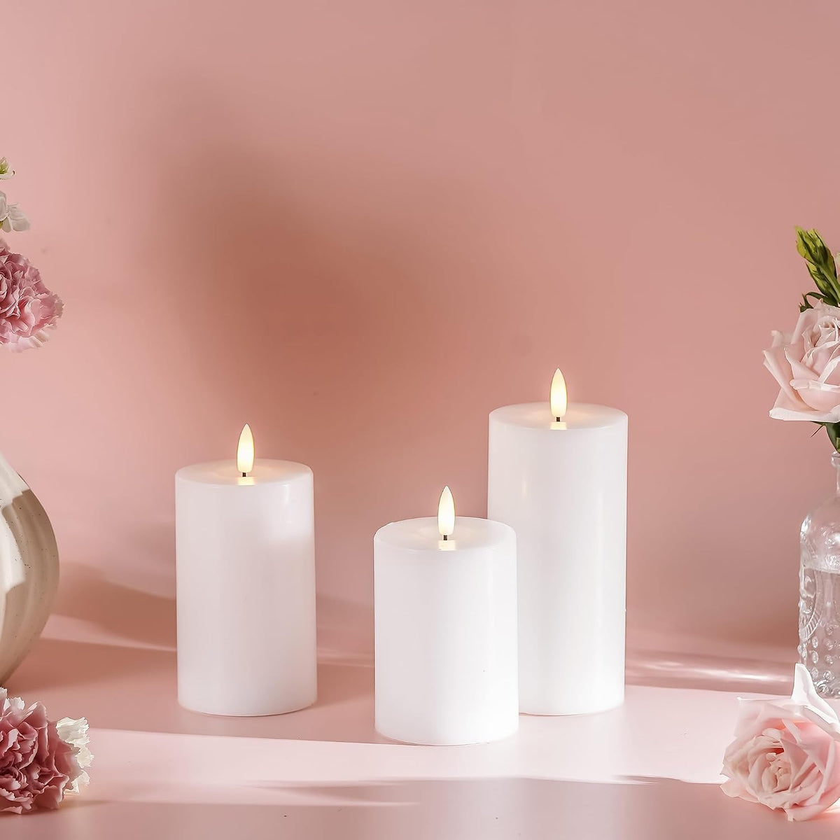 Stmarry White Flameless Candles with Remote and Timer, Real Wax Made LED Pillar Candles Battery Operated with 3D Flickering Flame - 3" x 4", 3" x 5", 3" x 6" - Set of 3