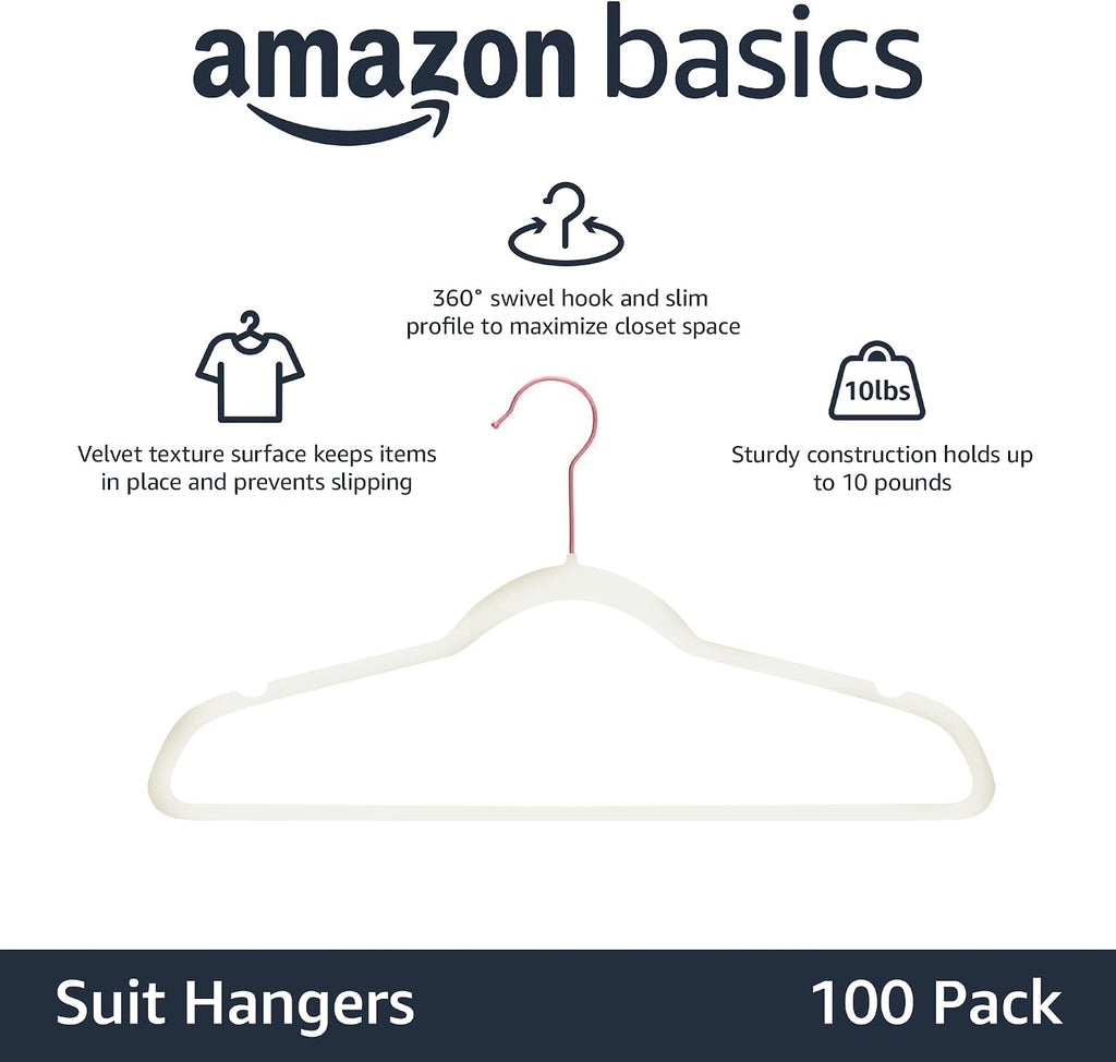 Amazon Basics Slim Velvet Non-Slip Space Saving Suit Clothes Hangers for Closet Organization, Ivory/Rose Gold, 100-Pack
