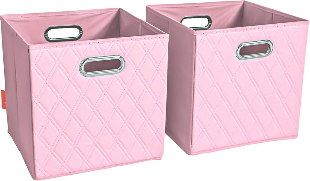 FH Group JIAessentials 11" Faux Leather Foldable Storage Cube Bins Set of 2 – Pink Diamond Patterned Organizers with Handles for Closet & Shelves