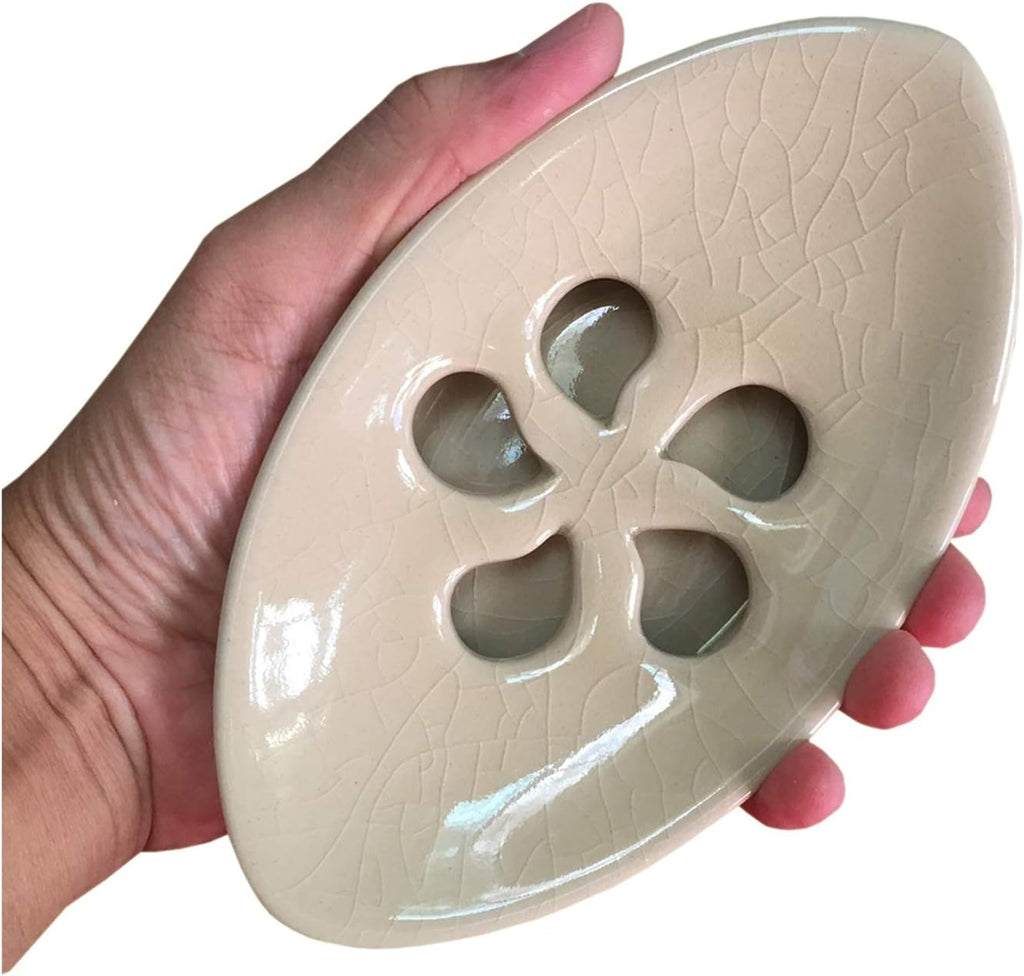 Ceramic Soap Dish with Self Draining Tray for Bar Soap, Bathroom, Kitchen (Ivory No.1)