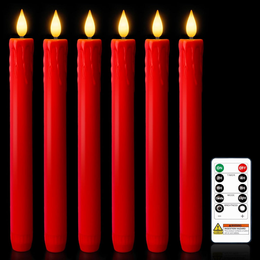 Homemory 6 Pcs Real Wax Made Flameless Taper Candles with Remote and Timer, Red Battery Operated Candlesticks Flickering, 9.6" Led Taper Candles with Lifelike Flame for Xmas Home Date Decor