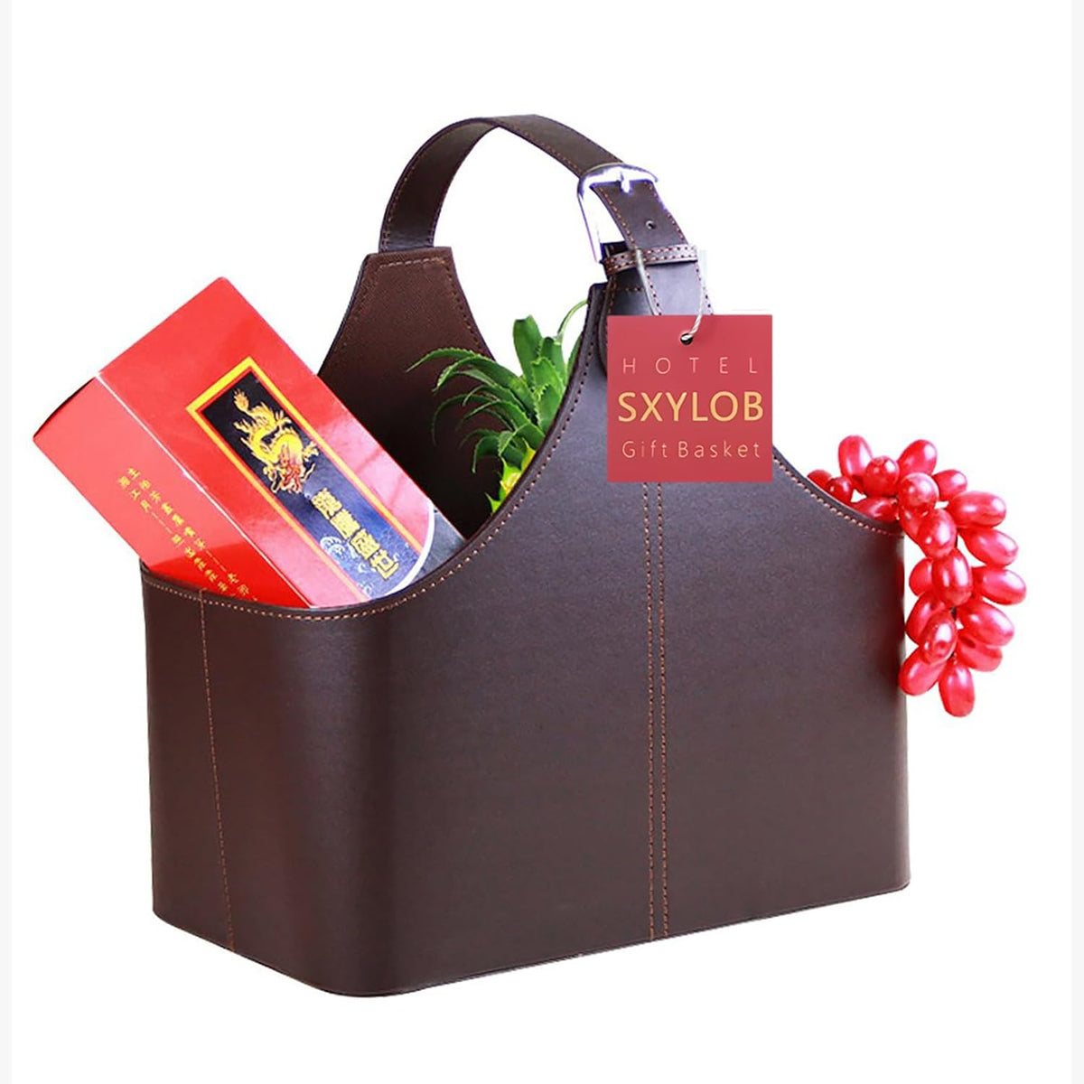 Leather Gift Basket,Magazine Newspaper Holder/Racks,Storage Organizer for Wine Flowers Fruits Candys,for holiday presents Christmas display (Coffee)