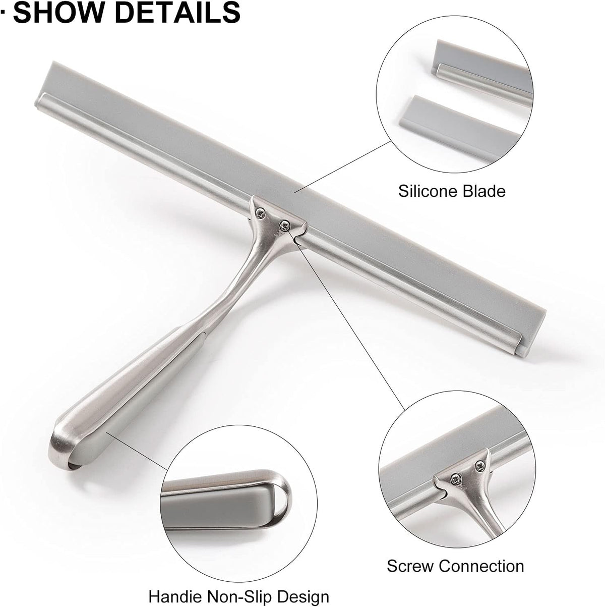 Shower Squeegee for Shower Doors 10 Inch Bathroom Squeegee for Windows,Kitchen,Mirror and Car Glass, Stainless Steel with Adhesive Hook