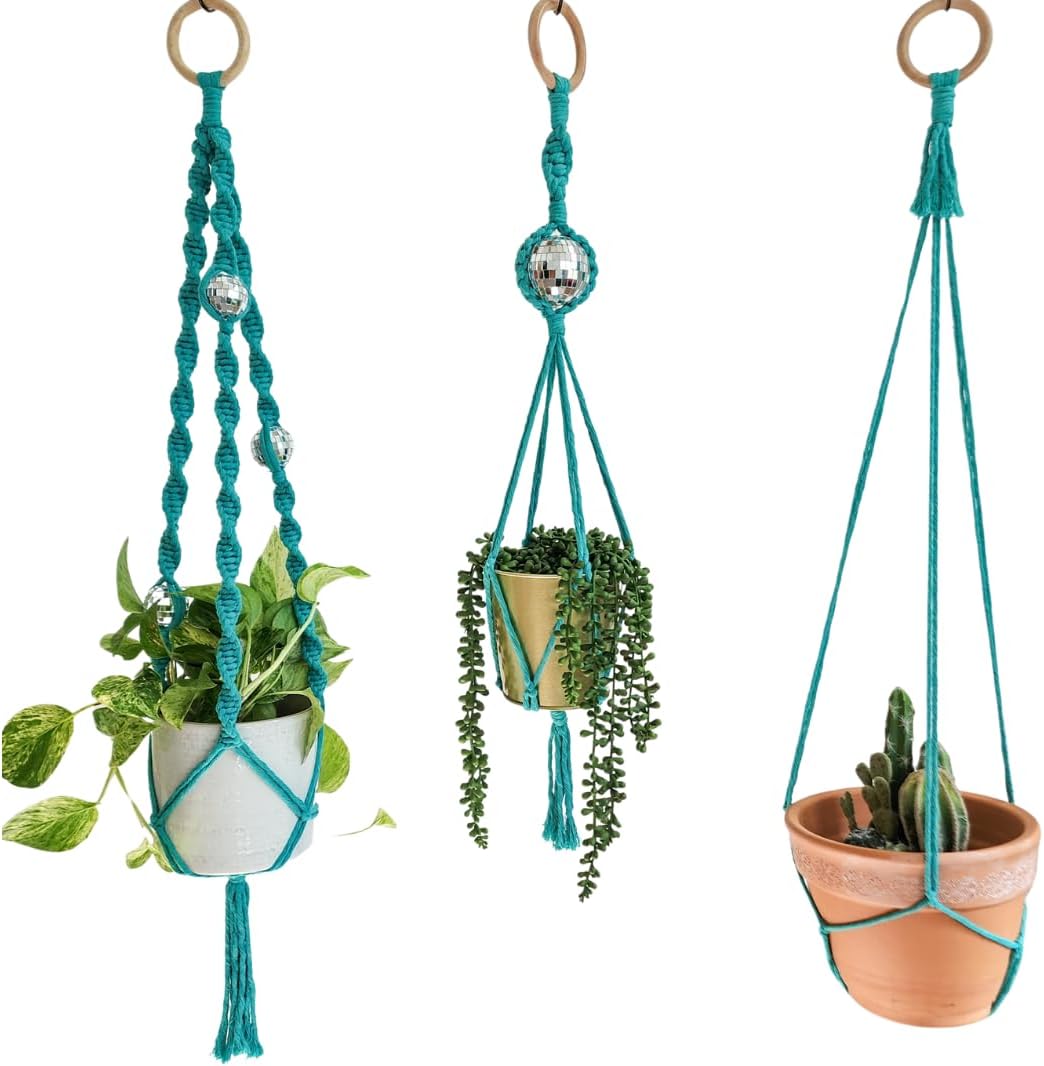 Set of 3 Macrame Plant Hanger | Disco ball decor Hanging planters for indoor plants Cool gifts for plant lovers Boho plant pots plant stand indoor Hanging planters for outdoor plants (Ocean Teal)