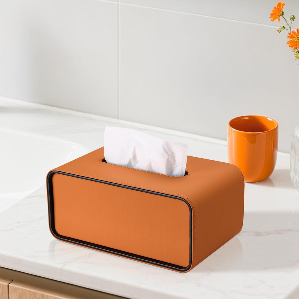 GORESE Rectangular Tissue Box Cover for Kleenexs, PU Leather Tissue Box Holder, Decorative Tissue Holder Cover for Bathroom Bedroom Living Room Office, Orange
