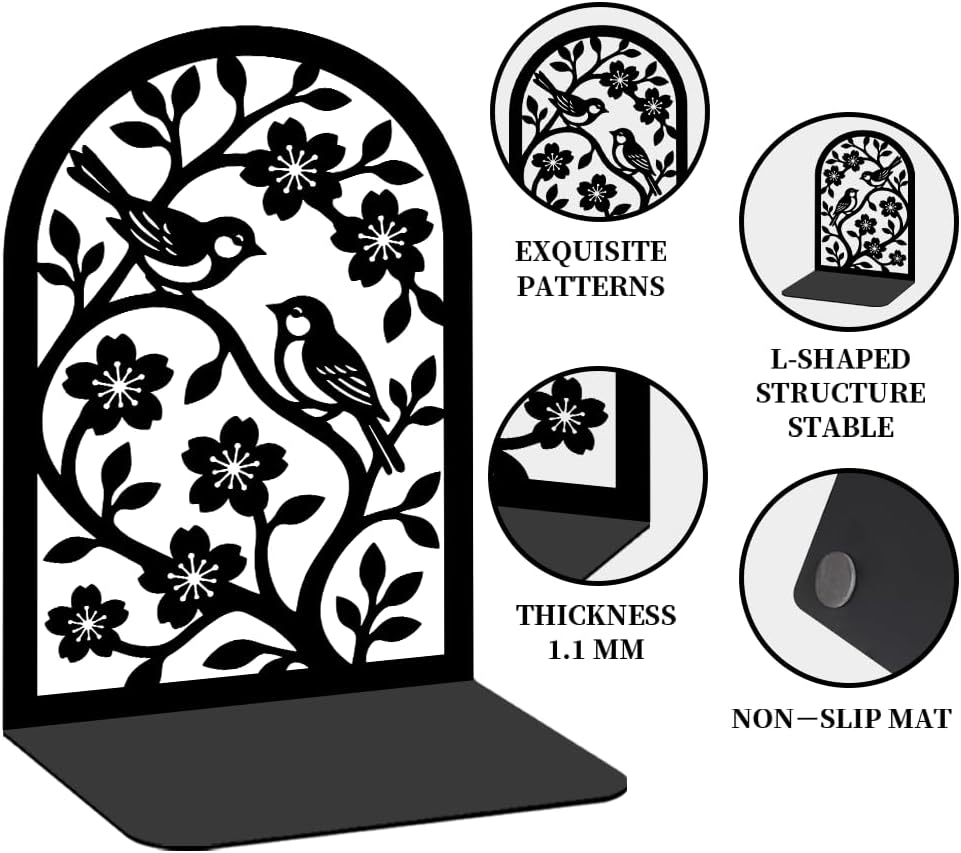 1 Pairs Flower & Birds Design Black Metal Bookends for Shelves
