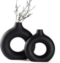 Black Ceramic Donut Vase Set of 2, Big Hollow Round Matte Pampas Flower Vases for Boho Home Wedding Party Room Dinner Table Shelf Decor.