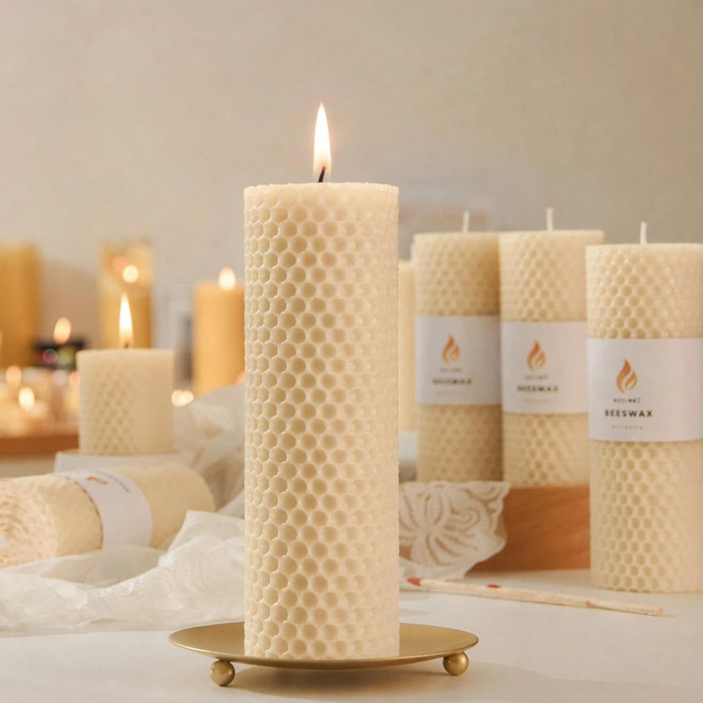 6-Pack 2x6 Beeswax Pillar Candles, Hand-Rolled Honeycomb Candle, Off-White