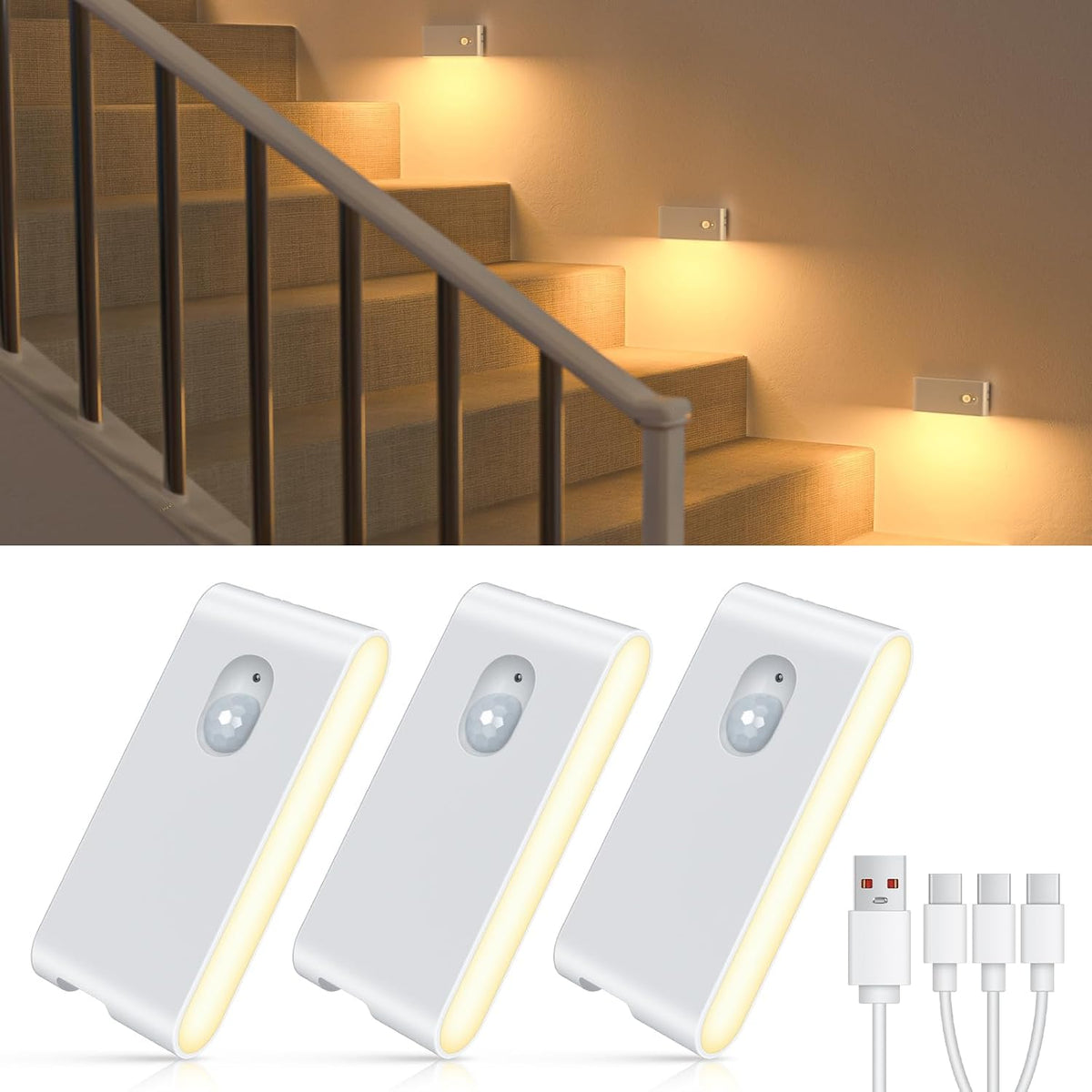 WILLED Motion Sensor Night Light, Rechargeable Stair Lights Indoor, Warm White Motion Sensor Light Indoor, Battery Operated Night Light for Hallway, Stairway, Bathroom, Bedroom, Kitchen, 3 Pack