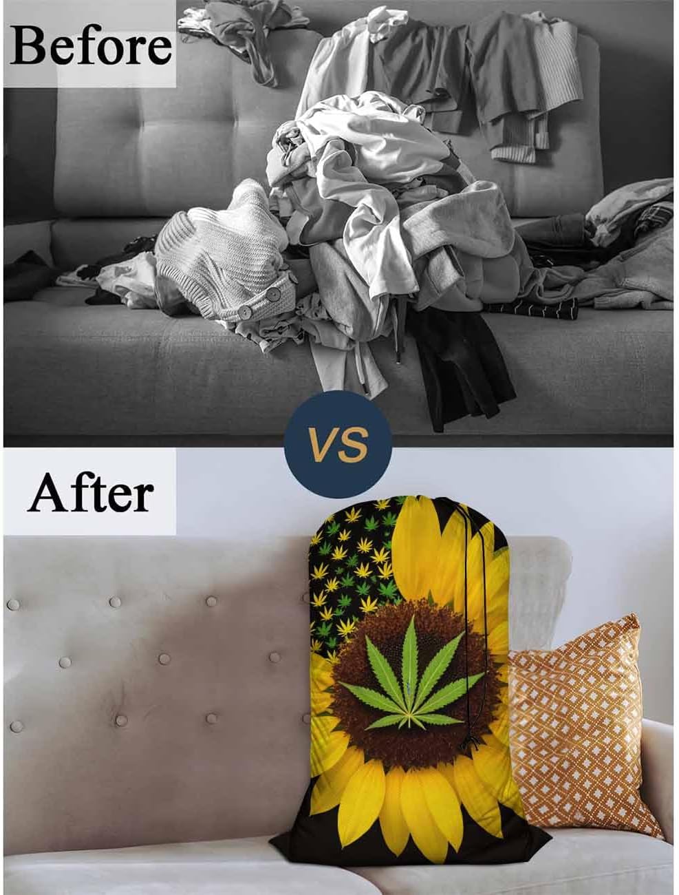 Swono Sunflower With Leaves Drawstring Portable Large Capacity Laundry Bags Summer Yellow Floral Blossom Travel Storage Bags for Apartments, Vacations, Home, 28x40 Inch