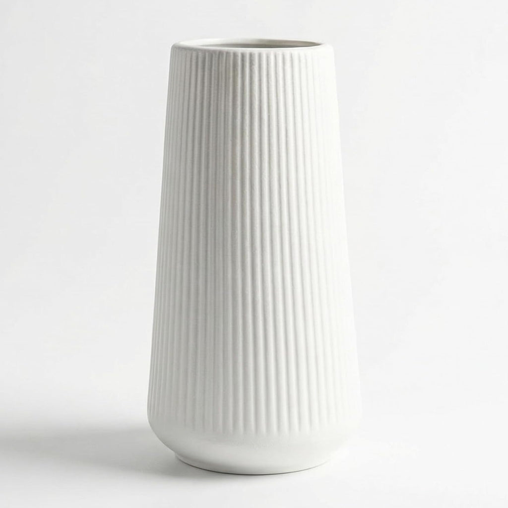 vensovo 8 Inch Glossy White Ceramic Vase, Ribbed Narrow Neck Flower Vase