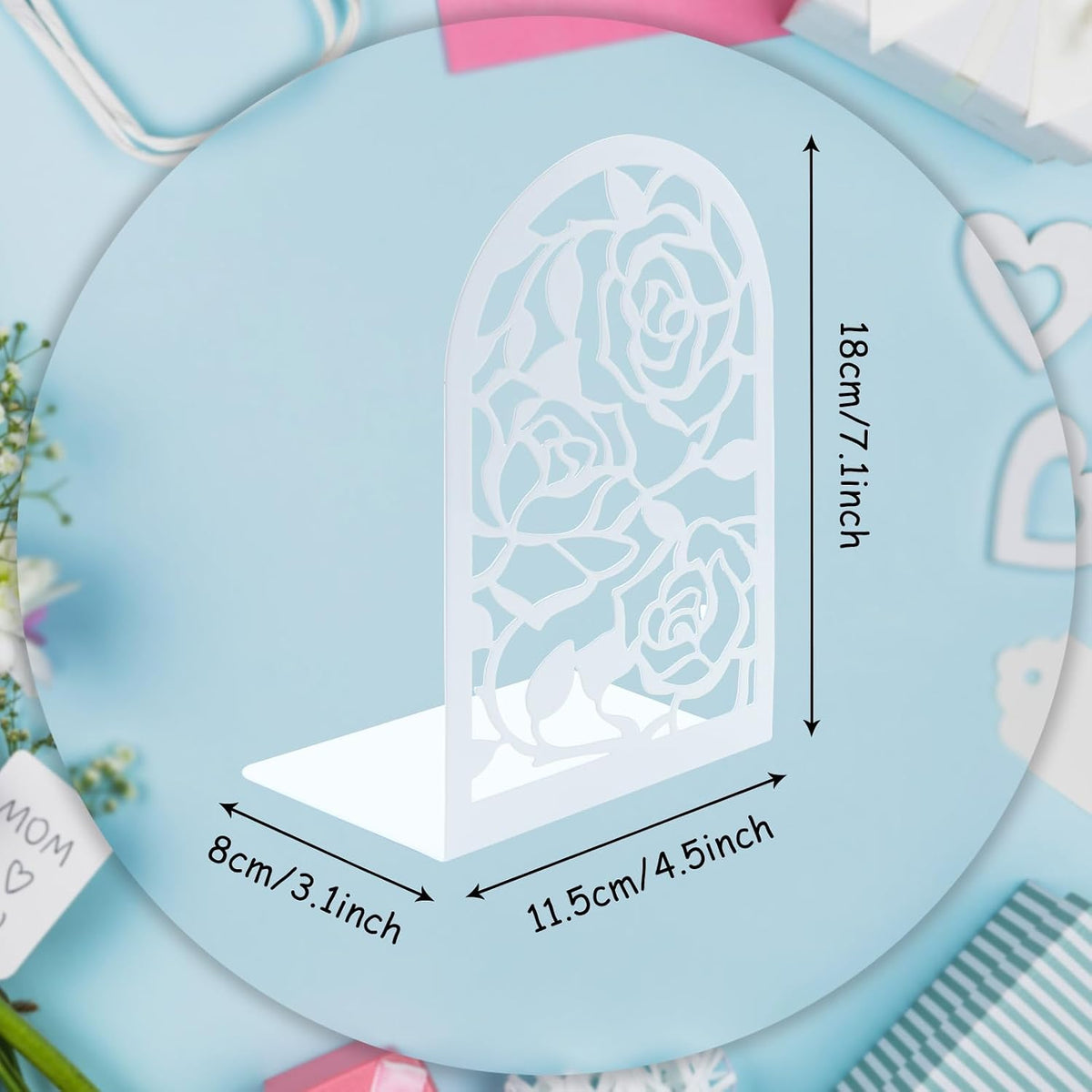 Elegant Rose Bookends Hollow-Out Rose Flower Book Ends Shelves Organizer Metal Book Stands Journal Book Holder Reading Room Decorative Bookends Library Book Stoppers for Office Home School (White)