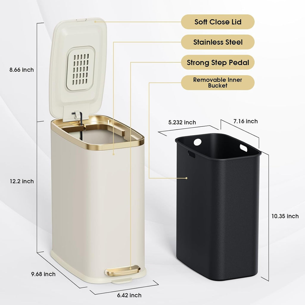 CEROELDA Small Bathroom Trash Can with Lid-5L/1.3 Gal-Soft Close Lid-Beige