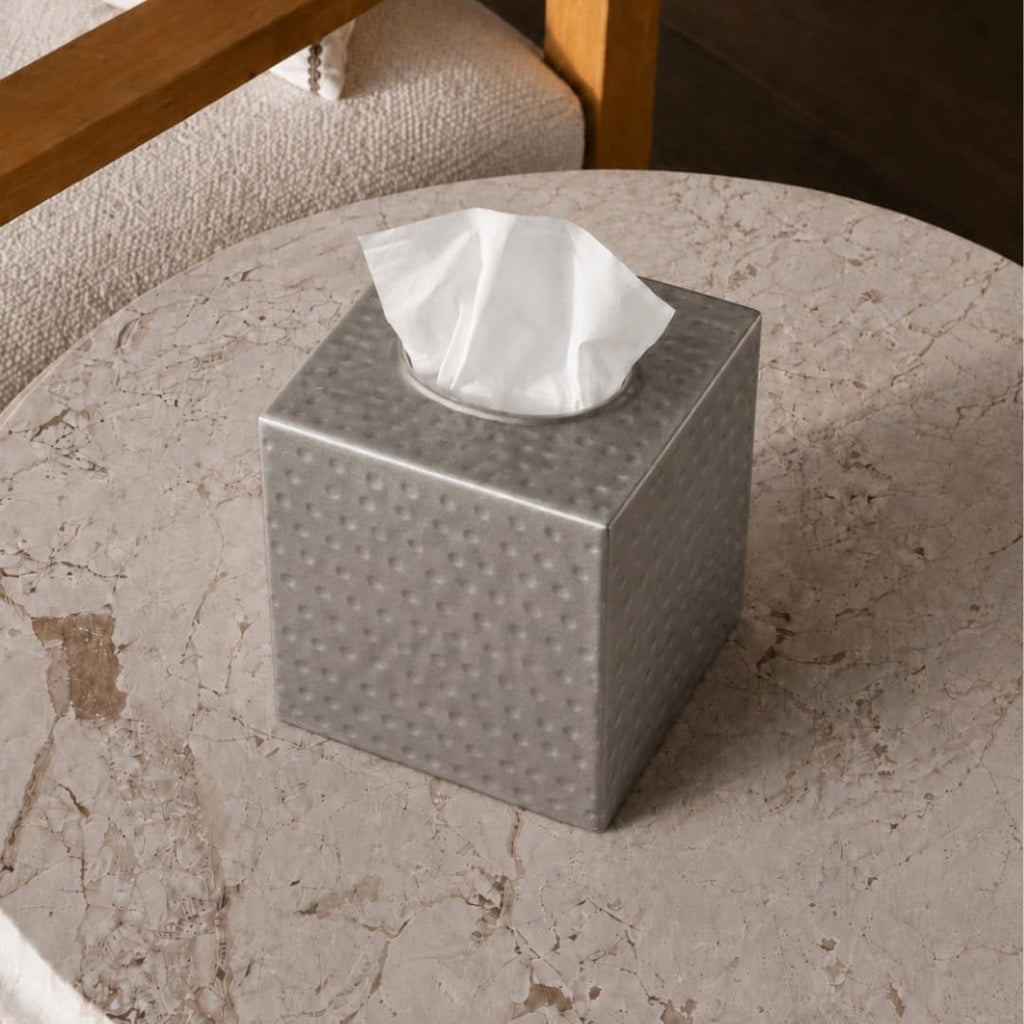 Monarch Abode Tissue Box Cover Square – Hand Hammered Pewter Metal Tissue Holder Box for Bathroom Accessory, Aesthetic Decorative Facial Napkin Cube for Modern Home Decor