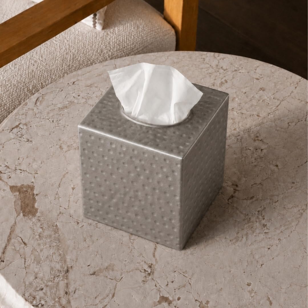 Monarch Abode Tissue Box Cover Square – Hand Hammered Pewter Metal Tissue Holder Box for Bathroom Accessory, Aesthetic Decorative Facial Napkin Cube for Modern Home Decor