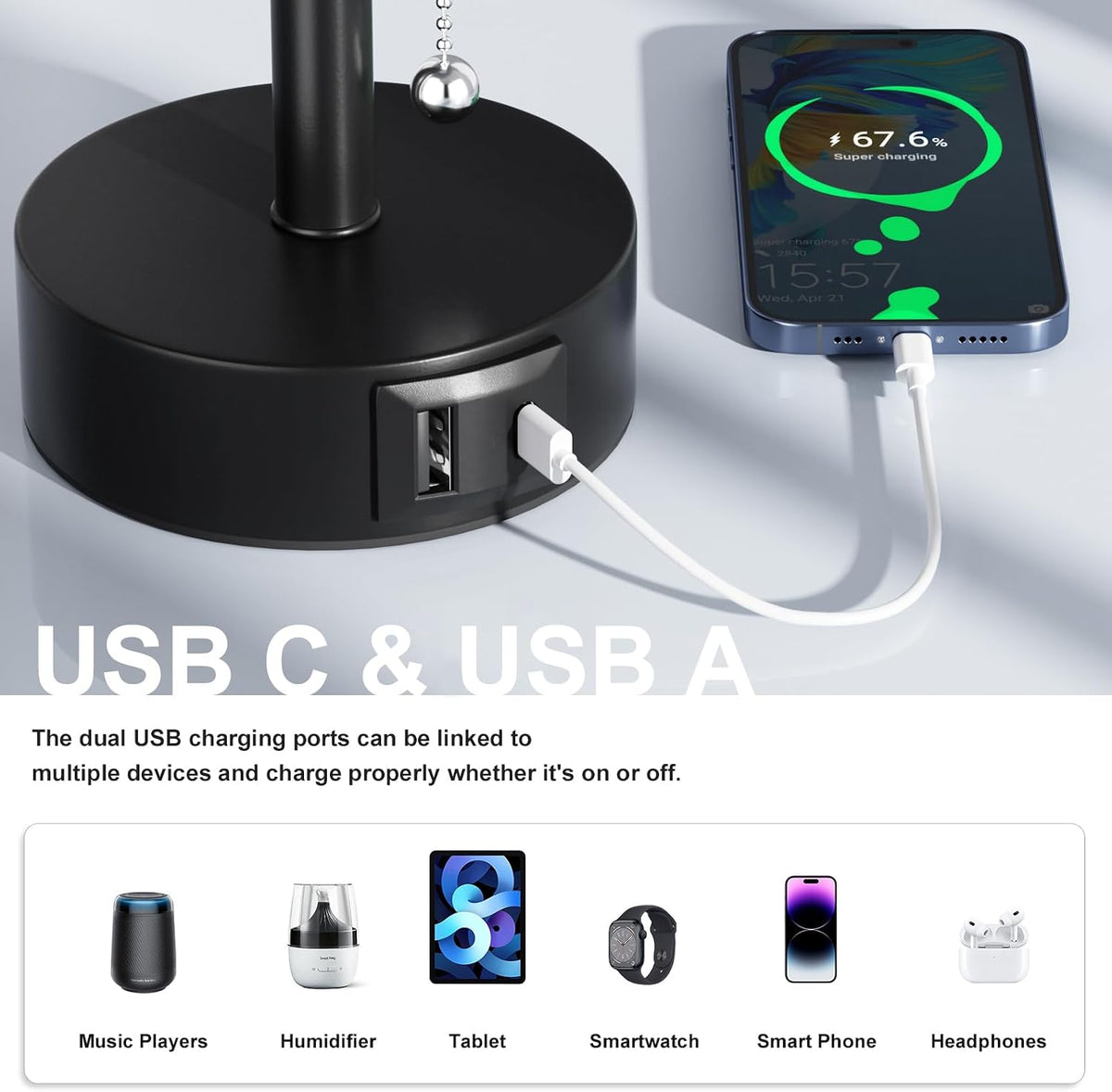 Fenmzee Cream Bedside Table Lamps Set of 2 - Bedroom Lamp for Desk, USB C+A