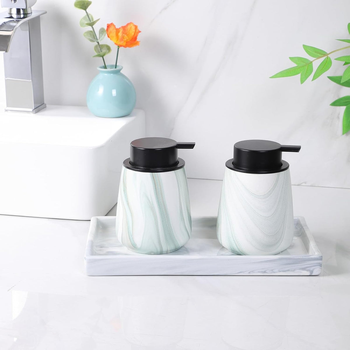 Bathroom Vanity Tray - 11'' Ceramic Rough-Textured Rectangle Countertop Tray, Heavy-Duty Organizer Plate for Perfume, Jewelry, Candles, Soap Dispenser, Kitchen Decorative Trays, Marble White