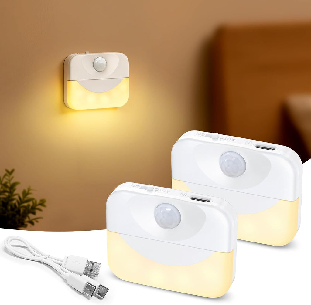 2 Pack Rechargeable Stair Light Indoor,Warm White Motion Sensor Night Light