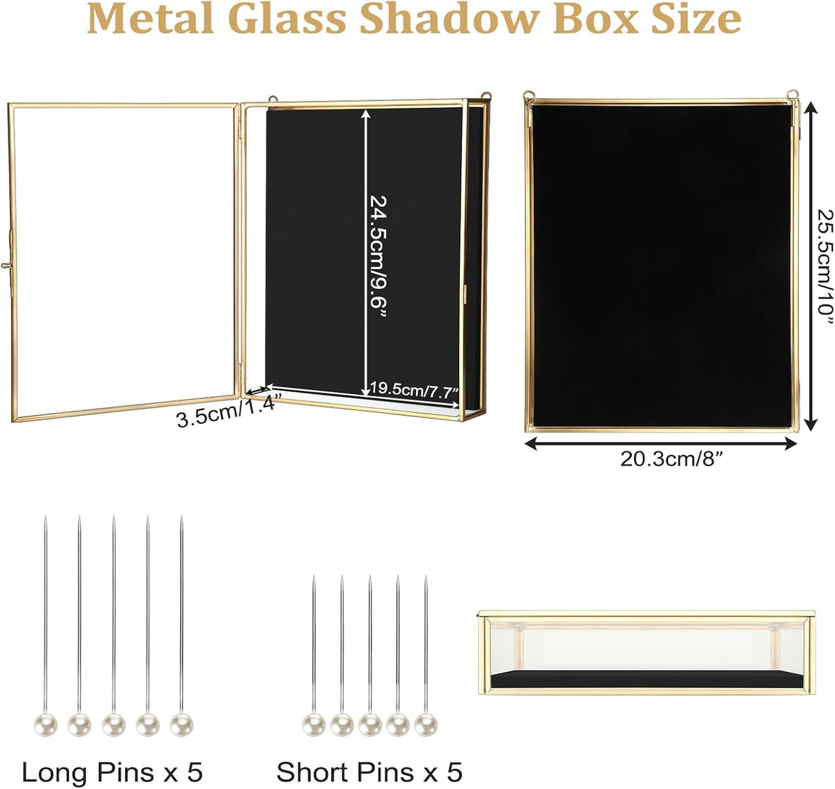 ELLDOO Shadow Box Frame 8x10inch - Glass Display Case with Black Foam Backplane and Pins for Tabletop and Wall Display, Gold Metal Keepsakes Memory Box for Wedding Bouquet Memorabilia Medals Photos