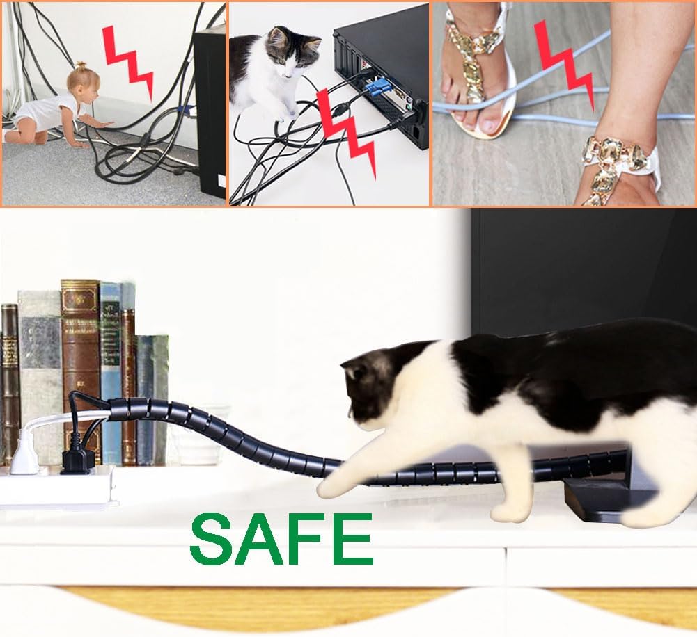 Large PC Cable Management Tube Sleeve Under Desk Wire Organizer for Cords 2 PCS Black, 1.1 inch -5 ft EZ Spiral Cable Wrap Cover Bundler w/Clips for TV Office, Pet Proof Cable Protector